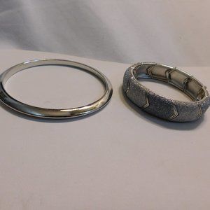 Two Silver Tone Bracelets One Bangle Style and One Sparkly Stretch Bracelet